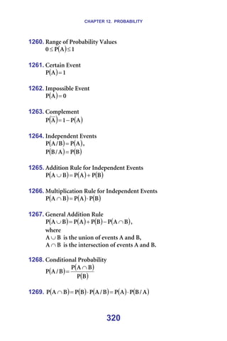 CHAPTER 12. PROBABILITY
320
1260. o~åÖÉ=çÑ=mêçÄ~Äáäáíó=s~äìÉë=
( ) N
^
m
M ≤
≤ =
=
1261. `Éêí~áå=bîÉåí=
( ) N
^
m = =
=
1262. fãéçëëáÄäÉ=bîÉåí=
( ) M
^
m = =
=
1263. `çãéäÉãÉåí=
( ) ( )
^
m
N
^
m −
= =
=
1264. fåÇÉéÉåÇÉåí=bîÉåíë=
( ) ( )
^
m
_
L
^
m = I==
( ) ( )
_
m
^
L
_
m = =
=
1265. ^ÇÇáíáçå=oìäÉ=Ñçê=fåÇÉéÉåÇÉåí=bîÉåíë=
( ) ( ) ( )
_
m
^
m
_
^
m +
=
∪ =
=
1266. jìäíáéäáÅ~íáçå=oìäÉ=Ñçê=fåÇÉéÉåÇÉåí=bîÉåíë=
( ) ( ) ( )
_
m
^
m
_
^
m ⋅
=
∩ =
=
1267. dÉåÉê~ä=^ÇÇáíáçå=oìäÉ=
( ) ( ) ( ) ( )
_
^
m
_
m
^
m
_
^
m ∩
−
+
=
∪ I==
ïÜÉêÉ==
_
^ ∪ =áë=íÜÉ=ìåáçå=çÑ=ÉîÉåíë=^=~åÇ=_I==
_
^ ∩ =áë=íÜÉ=áåíÉêëÉÅíáçå=çÑ=ÉîÉåíë=^=~åÇ=_K=
=
1268. `çåÇáíáçå~ä=mêçÄ~Äáäáíó=
( ) ( )
( )
_
m
_
^
m
_
L
^
m
∩
= =
=
1269. ( ) ( ) ( ) ( ) ( )
^
L
_
m
^
m
_
L
^
m
_
m
_
^
m ⋅
=
⋅
=
∩ =
 