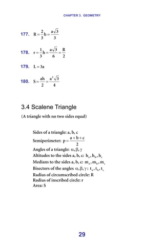 CHAPTER 3. GEOMETRY
29
177.
P
P
~
Ü
P
O
o =
= =
=
178.
O
o
S
P
~
Ü
P
N
ê =
=
= =
=
179. ~
P
i = =
=
180.
Q
P
~
O
~Ü
p
O
=
= =
=
=
=
3.4 Scalene Triangle
E^=íêá~åÖäÉ=ïáíÜ=åç=íïç=ëáÇÉë=Éèì~äF=
=
=
páÇÉë=çÑ=~=íêá~åÖäÉW=~I=ÄI=Å=
pÉãáéÉêáãÉíÉêW=
O
Å
Ä
~
é
+
+
= ==
^åÖäÉë=çÑ=~=íêá~åÖäÉW= γ
β
α I
I =
^äíáíìÇÉë=íç=íÜÉ=ëáÇÉë=~I=ÄI=ÅW= Å
Ä
~ Ü
I
Ü
I
Ü =
jÉÇá~åë=íç=íÜÉ=ëáÇÉë=~I=ÄI=ÅW= Å
Ä
~ ã
I
ã
I
ã =
_áëÉÅíçêë=çÑ=íÜÉ=~åÖäÉë= γ
β
α I
I W= Å
Ä
~ í
I
í
I
í =
o~Çáìë=çÑ=ÅáêÅìãëÅêáÄÉÇ=ÅáêÅäÉW=o=
o~Çáìë=çÑ=áåëÅêáÄÉÇ=ÅáêÅäÉW=ê=
^êÉ~W=p=
=
=
 