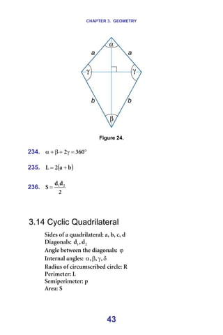 CHAPTER 3. GEOMETRY
43
=
=
Figure 24.
=
234. °
=
γ
+
β
+
α PSM
O =
=
235. ( )
Ä
~
O
i +
= =
=
236.
O
Ç
Ç
p O
N
= =
=
=
=
3.14 Cyclic Quadrilateral
páÇÉë=çÑ=~=èì~Çêáä~íÉê~äW=~I=ÄI=ÅI=Ç=
aá~Öçå~äëW= O
N Ç
I
Ç =
^åÖäÉ=ÄÉíïÉÉå=íÜÉ=Çá~Öçå~äëW=ϕ =
fåíÉêå~ä=~åÖäÉëW= δ
γ
β
α I
I
I =
o~Çáìë=çÑ=ÅáêÅìãëÅêáÄÉÇ=ÅáêÅäÉW=o=
mÉêáãÉíÉêW=i=
pÉãáéÉêáãÉíÉêW=é==
^êÉ~W=p=
 