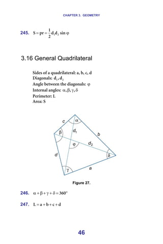 CHAPTER 3. GEOMETRY
46
245. ϕ
=
= ëáå
Ç
Ç
O
N
éê
p O
N =
=
=
=
3.16 General Quadrilateral
=
páÇÉë=çÑ=~=èì~Çêáä~íÉê~äW=~I=ÄI=ÅI=Ç=
aá~Öçå~äëW= O
N Ç
I
Ç =
^åÖäÉ=ÄÉíïÉÉå=íÜÉ=Çá~Öçå~äëW=ϕ =
fåíÉêå~ä=~åÖäÉëW= δ
γ
β
α I
I
I =
mÉêáãÉíÉêW=i=
^êÉ~W=p=
=
=
======= =
=
Figure 27.
=
246. °
=
δ
+
γ
+
β
+
α PSM =
=
247. Ç
Å
Ä
~
i +
+
+
= =
=
 