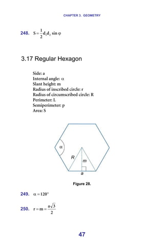 CHAPTER 3. GEOMETRY
47
248. ϕ
= ëáå
Ç
Ç
O
N
p O
N =
=
=
=
3.17 Regular Hexagon
=
páÇÉW=~=
fåíÉêå~ä=~åÖäÉW=α =
pä~åí=ÜÉáÖÜíW=ã=
o~Çáìë=çÑ=áåëÅêáÄÉÇ=ÅáêÅäÉW=ê=
o~Çáìë=çÑ=ÅáêÅìãëÅêáÄÉÇ=ÅáêÅäÉW=o=
mÉêáãÉíÉêW=i=
pÉãáéÉêáãÉíÉêW=é==
^êÉ~W=p=
=
=
=
=
Figure 28.
=
249. °
=
α NOM =
=
250.
O
P
~
ã
ê =
= =
 