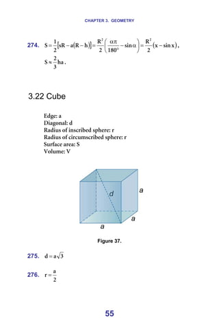 CHAPTER 3. GEOMETRY
55
274. ( )
[ ] ( )
ñ
ëáå
ñ
O
o
ëáå
NUM
O
o
Ü
o
~
ëo
O
N
p
O
O
−
=






α
−
°
απ
=
−
−
= I==
Ü~
P
O
p ≈ K=
=
=
=
3.22 Cube
=
bÇÖÉW=~==
aá~Öçå~äW=Ç=
o~Çáìë=çÑ=áåëÅêáÄÉÇ=ëéÜÉêÉW=ê=
o~Çáìë=çÑ=ÅáêÅìãëÅêáÄÉÇ=ëéÜÉêÉW=ê=
pìêÑ~ÅÉ=~êÉ~W=p=
sçäìãÉW=s=
=
=
=== =
=
Figure 37.
=
275. P
~
Ç = =
=
276.
O
~
ê = =
=
 