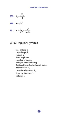 CHAPTER 3. GEOMETRY
59
289.
Q
~
P
p
O
_ = =
=
290. O
~
P
p = =
=
291.
O
S
~
Ü
p
P
N
s
P
_ =
= K==
=
=
=
3.26 Regular Pyramid
=
páÇÉ=çÑ=Ä~ëÉW=~=
i~íÉê~ä=ÉÇÖÉW=Ä=
eÉáÖÜíW=Ü=
pä~åí=ÜÉáÖÜíW=ã==
kìãÄÉê=çÑ=ëáÇÉëW=å==
pÉãáéÉêáãÉíÉê=çÑ=Ä~ëÉW=é=
o~Çáìë=çÑ=áåëÅêáÄÉÇ=ëéÜÉêÉ=çÑ=Ä~ëÉW=ê=
^êÉ~=çÑ=Ä~ëÉW= _
p =
i~íÉê~ä=ëìêÑ~ÅÉ=~êÉ~W= i
p =
qçí~ä=ëìêÑ~ÅÉ=~êÉ~W=p=
sçäìãÉW=s=
=
=
 