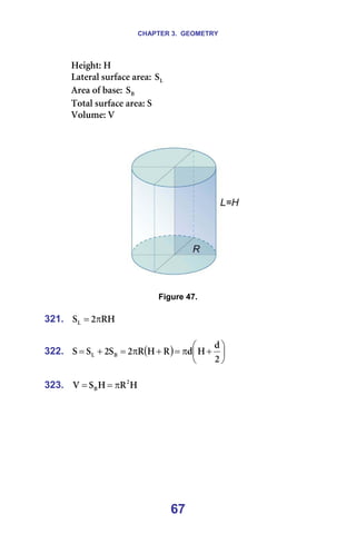 CHAPTER 3. GEOMETRY
67
eÉáÖÜíW=e=
i~íÉê~ä=ëìêÑ~ÅÉ=~êÉ~W= i
p =
^êÉ~=çÑ=Ä~ëÉW= _
p =
qçí~ä=ëìêÑ~ÅÉ=~êÉ~W=p=
sçäìãÉW=s=
=
=
===== =
=
Figure 47.
=
321. oe
O
pi π
= =
=
322. ( ) 





+
π
=
+
π
=
+
=
O
Ç
e
Ç
o
e
o
O
p
O
p
p _
i =
=
323. e
o
e
p
s O
_ π
=
= =
=
=
=
 
