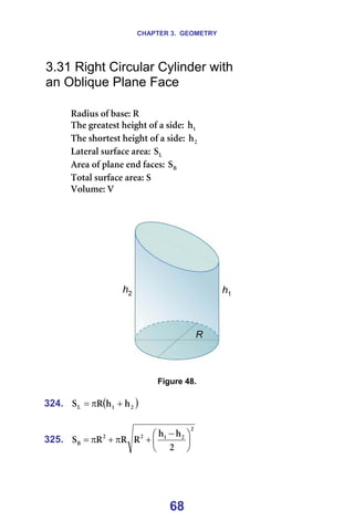 CHAPTER 3. GEOMETRY
68
3.31 Right Circular Cylinder with
an Oblique Plane Face
=
o~Çáìë=çÑ=Ä~ëÉW=o=
qÜÉ=ÖêÉ~íÉëí=ÜÉáÖÜí=çÑ=~=ëáÇÉW= N
Ü =
qÜÉ=ëÜçêíÉëí=ÜÉáÖÜí=çÑ=~=ëáÇÉW= O
Ü =
i~íÉê~ä=ëìêÑ~ÅÉ=~êÉ~W= i
p =
^êÉ~=çÑ=éä~åÉ=ÉåÇ=Ñ~ÅÉëW= _
p =
qçí~ä=ëìêÑ~ÅÉ=~êÉ~W=p=
sçäìãÉW=s=
=
=
=
=
Figure 48.
=
324. ( )
O
N
i Ü
Ü
o
p +
π
= =
=
325.
O
O
N
O
O
_
O
Ü
Ü
o
o
o
p 




 −
+
π
+
π
= =
=
 