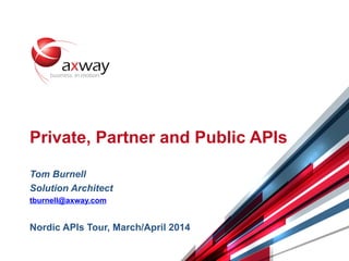 © 2014 Axway | Confidential 1
Private, Partner and Public APIs
Tom Burnell
Solution Architect
tburnell@axway.com
Nordic APIs Tour, March/April 2014
 
