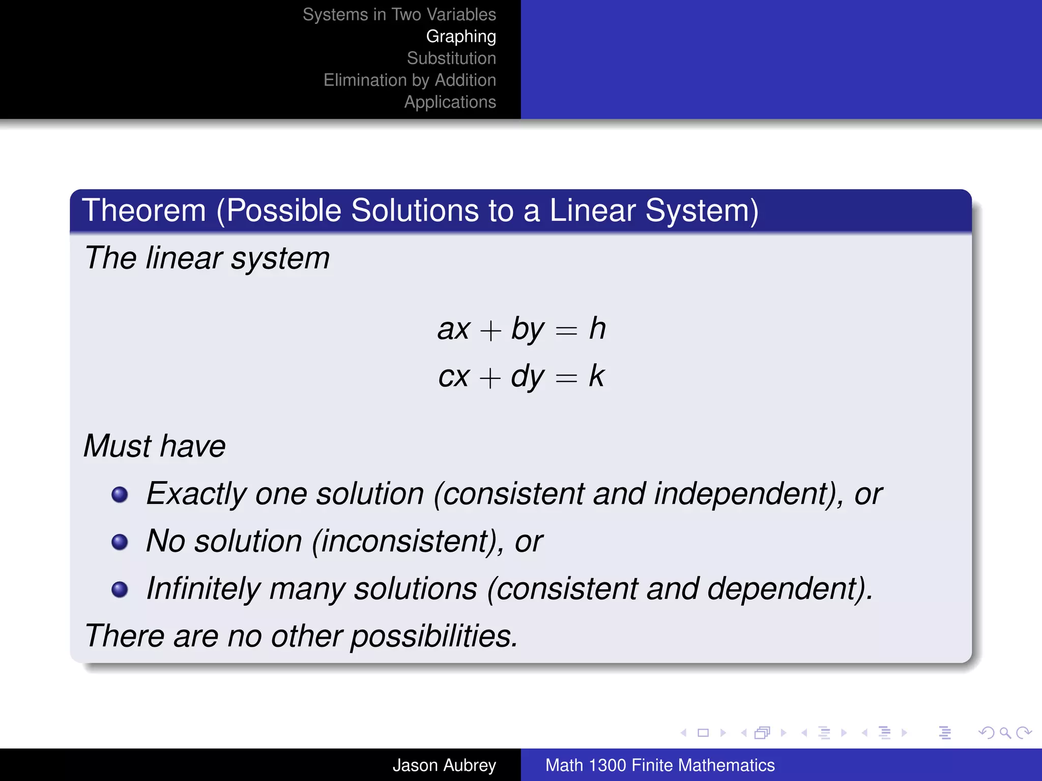 Systems in Two Variables
                                Graphing
                             Substitution
                  Elimination by Addition
                             Applications




Theorem (Possible Solutions to a Linear System)
The linear system

                                 ax + by = h
                                 cx + dy = k

Must have
    Exactly one solution (consistent and independent), or
    No solution (inconsistent), or
    Inﬁnitely many solutions (consistent and dependent).
There are no other possibilities.
                                                                           university-logo



                           Jason Aubrey     Math 1300 Finite Mathematics
 