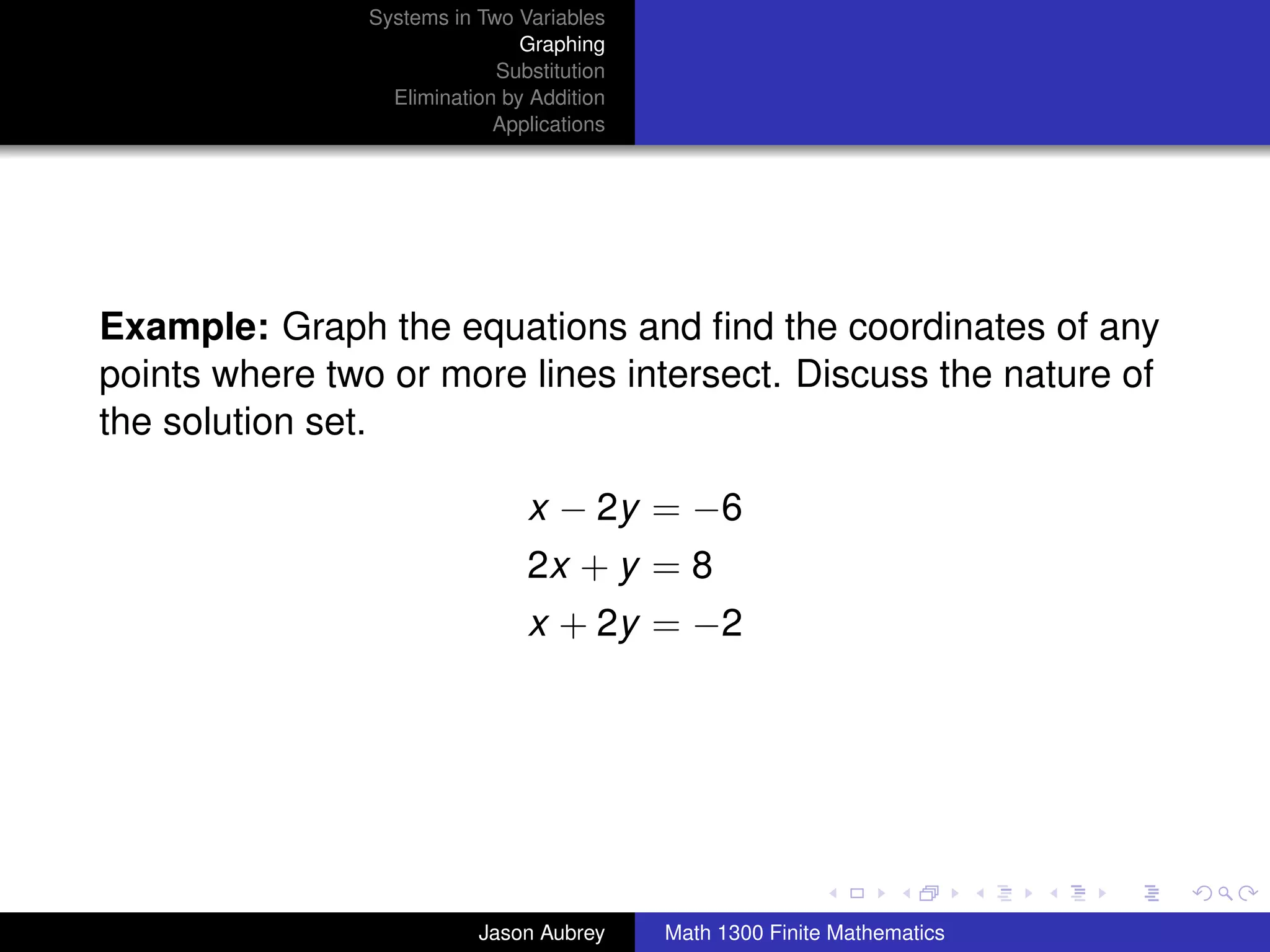 Systems in Two Variables
                                Graphing
                             Substitution
                  Elimination by Addition
                             Applications




Example: Graph the equations and ﬁnd the coordinates of any
points where two or more lines intersect. Discuss the nature of
the solution set.

                                x − 2y = −6
                                2x + y = 8
                                x + 2y = −2




                                                                           university-logo



                           Jason Aubrey     Math 1300 Finite Mathematics
 
