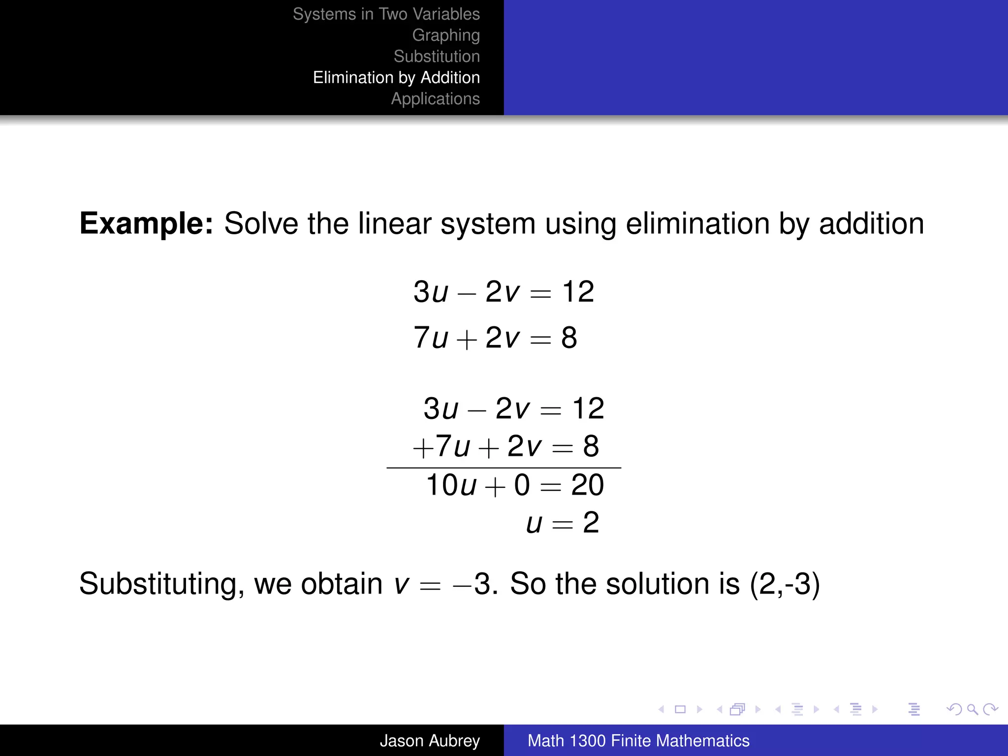 Systems in Two Variables
                                Graphing
                             Substitution
                  Elimination by Addition
                             Applications




Example: Solve the linear system using elimination by addition

                                3u − 2v = 12
                                7u + 2v = 8

                               3u − 2v = 12
                               +7u + 2v = 8
                                10u + 0 = 20
                                       u=2

Substituting, we obtain v = −3. So the solution is (2,-3)

                                                                           university-logo



                           Jason Aubrey     Math 1300 Finite Mathematics
 