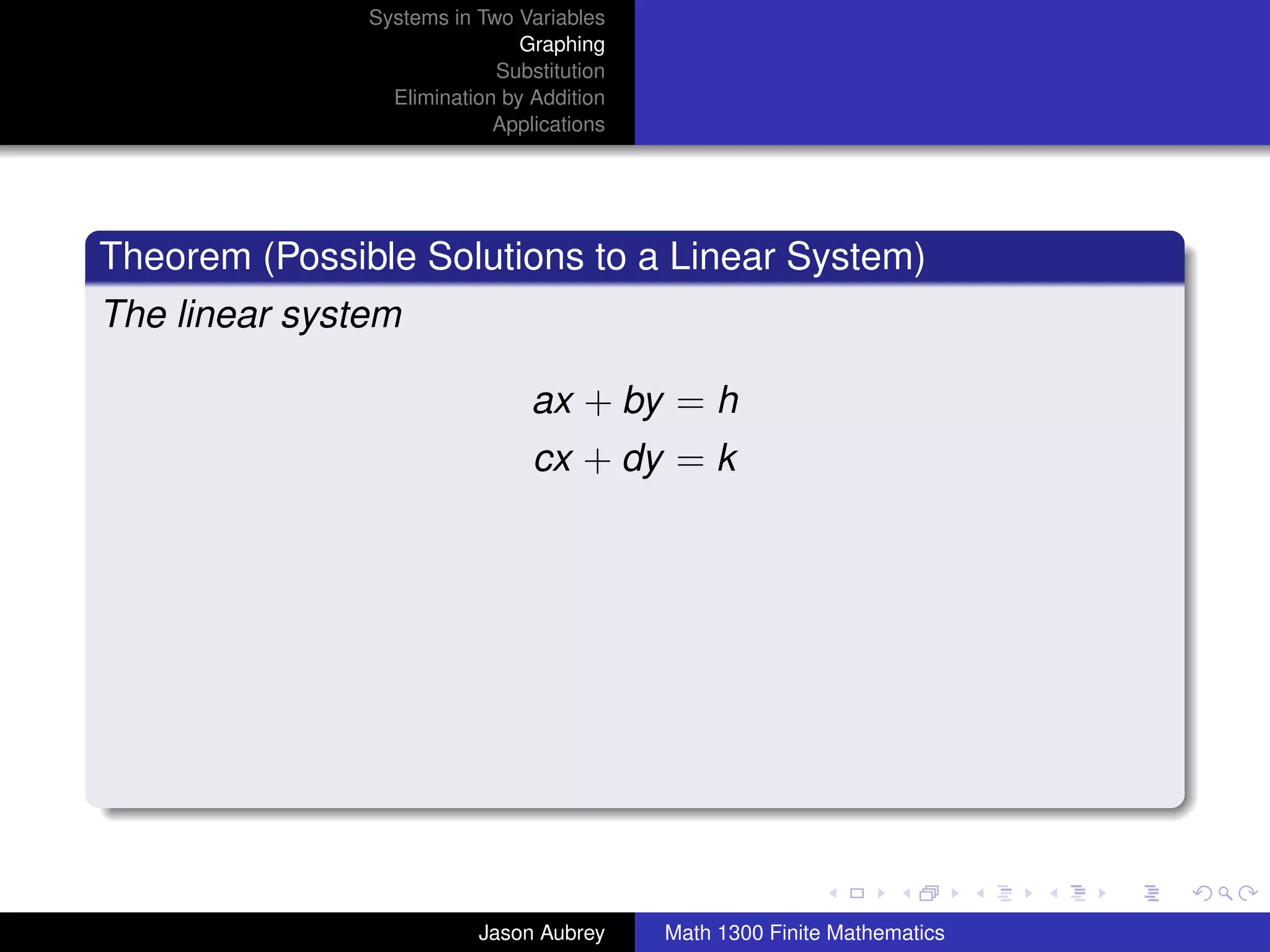 Systems in Two Variables
                               Graphing
                            Substitution
                 Elimination by Addition
                            Applications




Theorem (Possible Solutions to a Linear System)
The linear system

                                ax + by = h
                                cx + dy = k




                                                                          university-logo



                          Jason Aubrey     Math 1300 Finite Mathematics
 