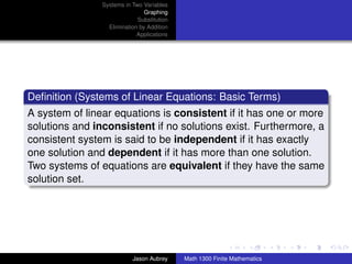 Math 1300: Section 4-1 Review: Systems of Linear Equations in Two ...