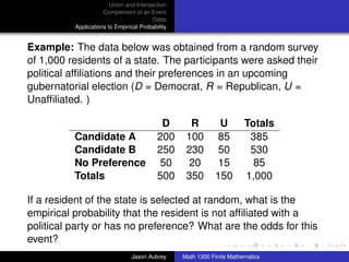 Union and Intersection
                       Complement of an Event
                                          Odds
            Applications to Empirical Probability


Example: The data below was obtained from a random survey
of 1,000 residents of a state. The participants were asked their
political afﬁliations and their preferences in an upcoming
gubernatorial election (D = Democrat, R = Republican, U =
Unafﬁliated. )

                                              D       R         U         Totals
            Candidate A                      200     100        85         385
            Candidate B                      250     230        50         530
            No Preference                    50      20        15           85
            Totals                           500     350       150        1,000

If a resident of the state is selected at random, what is the
empirical probability that the resident is not afﬁliated with a
political party or has no preference? What are the odds for this
                                                            ../images/stackedlogo-bw-
event?
                                  Jason Aubrey      Math 1300 Finite Mathematics
 