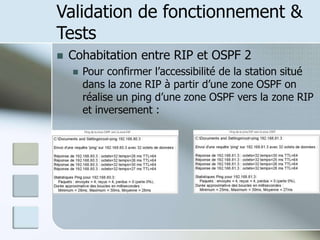 Validation de fonctionnement &
Tests
 Cohabitation entre RIP et OSPF 2
 Pour confirmer l’accessibilité de la station situé
dans la zone RIP à partir d’une zone OSPF on
réalise un ping d’une zone OSPF vers la zone RIP
et inversement :
 