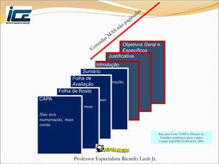 Professor Especialista Ricardo Laub Jr.
Objetivos Geral e
Específicos
Justificativa
Introdução
Sumário
Não tem numeração,
mas conta
Folha de
Avaliação
Não tem
numeração, mas
conta
Folha de Rosto
Não tem
numeração, mas
conta
CAPA
Não tem
numeração, mas
conta
Base para Fonte: COSTA, Eliete(et al.).
Trabalhos acadêmicos passo a passo.
Cuiabá: EdUFMT/FAPEMAT, 2009.
 