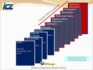 Professor Especialista Ricardo Laub Jr.
Referencia -
Bibliografia
Cronograma
Metodologia
Referencial Teórico
Objetivos Geral e
Específicos
Justificativa
Introdução
Sumário
Não tem numeração,
mas conta
Folha de
Avaliação
Não tem
numeração, mas
conta
Folha de Rosto
Não tem
numeração, mas
conta
CAPA
Não tem
numeração, mas
conta
Base para Fonte: COSTA, Eliete(et al.).
Trabalhos acadêmicos passo a passo.
Cuiabá: EdUFMT/FAPEMAT, 2009.
 