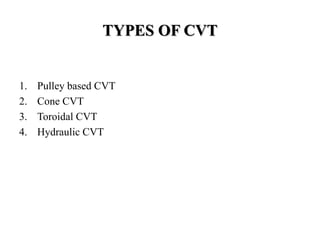 TYPES OF CVT
1. Pulley based CVT
2. Cone CVT
3. Toroidal CVT
4. Hydraulic CVT
 
