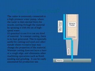 When is it Practical?
The cutter is commonly connected to
a high-pressure water pump, where
the water is then ejected from the
nozzle, cutting through the material
by spraying it with the jet of high-
speed water.
It’s practical to use it to cut any kind
of material. In waterjet cutting, there
is no heat generated. This is especially
useful for cutting tool steel and other
metals where excessive heat may
change the properties of the material.
Waterjet cutting does not leave a burr
or a rough edge, and eliminates other
machining operations such as finish
sanding and grinding. It can be easily
automated for production use.
 
