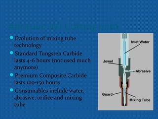 Abrasive WJ Cutting cont.
Evolution of mixing tube
technology
Standard Tungsten Carbide
lasts 4-6 hours (not used much
anymore)
Premium Composite Carbide
lasts 100-150 hours
Consumables include water,
abrasive, orifice and mixing
tube
 