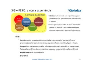 SIG – FBSIC: a nossa experiência
• FBSIC é uma ferramenta web especializada para o
presente e futuro que também tem em conta com
o passado.
• Não é apenas uma questão de reunir informações
precisas. O objectivo é criar conhecimento para
promover e aumentar o desempenho do negócio.

FBSIC:
• Permite manter bases de dados organizadas e estruturadas, que identificam a
propriedade da terra em todos os seus aspectos: físico, descritivo, legais e fiscais.
• Fornece informações relacionadas sobre a propriedade (cartográficas, topográficas,
físicas, alfanuméricas, documentais) e a sua posse (documentais e alfanuméricas).
• Proporciona resultados imediatos.
• Cria Valor!
Ferbritas - Gabinete GIS, Janeiro 2013

14

 