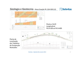 Geologia e Geotecnia – Nova Estação Pk 118+500 (LS)

Planta e Perfil
Longitudinal
Pk 0+100 ao Pk 0+400

Planta de
Localização
dos Trabalhos
de Prospecção
Realizados
Ferbritas - Gabinete GIS, Janeiro 2013

17

 