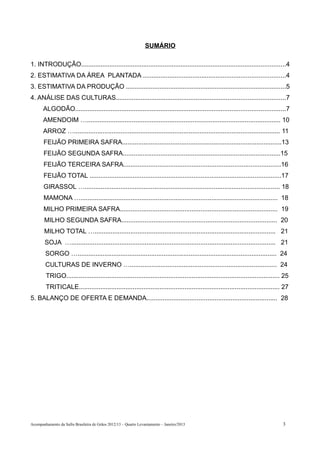 SUMÁRIO

1. INTRODUÇÃO...................................................................................................................4
2. ESTIMATIVA DA ÁREA PLANTADA ................................................................................4
3. ESTIMATIVA DA PRODUÇÃO ..........................................................................................5
4. ANÁLISE DAS CULTURAS...............................................................................................7
       ALGODÃO......................................................................................................................7
       AMENDOIM …............................................................................................................ 10
       ARROZ …................................................................................................................... 11
       FEIJÃO PRIMEIRA SAFRA.........................................................................................13
       FEIJÃO SEGUNDA SAFRA........................................................................................15
       FEIJÃO TERCEIRA SAFRA........................................................................................16
       FEIJÃO TOTAL ...........................................................................................................17
       GIRASSOL …............................................................................................................. 18
       MAMONA ….............................................................................................................. 18
       MILHO PRIMEIRA SAFRA........................................................................................ 19
       MILHO SEGUNDA SAFRA....................................................................................... 20
       MILHO TOTAL …..................................................................................................... 21
        SOJA ….................................................................................................................. 21
        SORGO …............................................................................................................... 24
        CULTURAS DE INVERNO ….................................................................................. 24
        TRIGO....................................................................................................................... 25
        TRITICALE................................................................................................................ 27
5. BALANÇO DE OFERTA E DEMANDA......................................................................... 28




Acompanhamento da Safra Brasileira de Grãos 2012/13 – Quarto Levantamento – Janeiro/2013                                            3
 