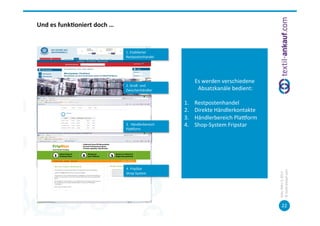 Und	
  es	
  funk7oniert	
  doch	
  …	
  	
  
	
  


                                                1.	
  Etablierter	
  
                                                Restpostenhandel	
  




                                                                                     Es	
  werden	
  verschiedene	
  	
  
                                                2.	
  Groß-­‐	
  und	
  
                                                Zwischenhändler	
                     	
  Absatzkanäle	
  bedient:	
  
                                                                                                      	
  
                                                                               1.    Restpostenhandel	
  
                                                                               2.    Direkte	
  Händlerkontakte	
  
                                                                               3.    Händlerbereich	
  Plauorm	
  
                                                3.	
  	
  Händlerbereich	
     4.    Shop-­‐System	
  Fripstar	
  
                                                Plauorm	
  
                                                                                                      	
  
                                                                                                      	
  
                                                                                                      	
  


                                                4.	
  FripStar	
  




                                                                                                                            ©	
  tex=l-­‐ankauf.com	
  
                                                                                                                            Köln,	
  März	
  5,	
  2013	
  
                                                Shop-­‐System	
  




                                                                                                                                   22	
  
 