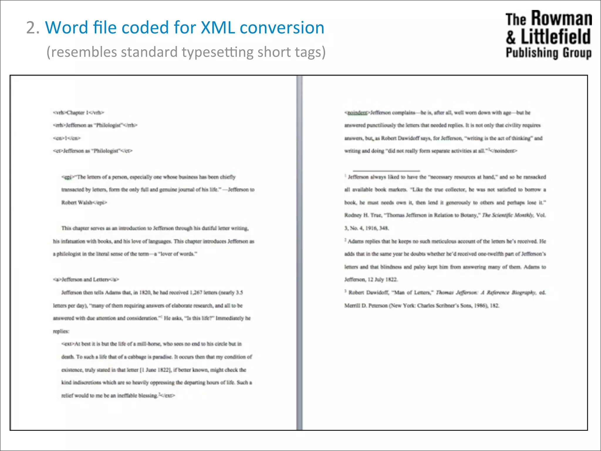 2.	
  Word	
  ﬁle	
  coded	
  for	
  XML	
  conversion	
  
	
  	
  	
  	
  	
  (resembles	
  standard	
  typeseung	
  short	
  tags)
 