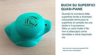 BUCHI SU SUPERFICI
QUASI-PIANE
Quando la curvatura della
superficie tende a diventare
orizzontale diminuisce la
superficie di contatto tra uno
strato e il successivo.
Oltre un certo livello il filo
non si attaccapiù come
dovrebbe e viene trascinato
via.



http://www.flickr.com/photos/eokgnah/8077025
349/sizes/l/in/pool-1820557@N22/
 