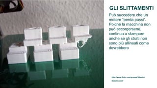 GLI SLITTAMENTI
Può succedere che un
motore “perda passi”.
Poiché la macchina non
può accorgersene,
continua a stampare
anche se gli strati non
sono più allineati come
dovrebbero




 http://www.flickr.com/groups/3d-print-
 failures/pool/
 