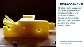 I DISTACCAMENTI
Ci sono molte ragioni per
cui gli strati potrebbero
staccarsi tra loro: una
temperatura troppo
bassa, un errore nella
velocità di estrusione e
persino una bassa
qualità del filo




 http://www.flickr.com/photos/lanthan/68709885
 41/in/pool-3d-print-failures
 