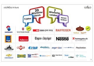 coUNDco in kurz
                               20 iter       7
                                         Mitarbeit
                             Mitarbe              er
                                         London
                               Zürich
                                                       Heraus-
                  5 Jahre                              forderer




                       ily                                           ily
                    Fam                                           Fam




                                                                           3
 