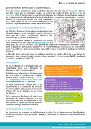 Classer un réseau de chaleur

partie sur la charte de l'Institut de la Gestion Déléguée.
Pour les réseaux existants, un audit énergétique de moins de trois ans est nécessaire. Celui-ci
doit être réalisé par un prestataire neutre. Le contenu de l'audit est défini par l'arrêté du 22
décembre 2012. Il doit identifier le potentiel d'amélioration de l'efficacité énergétique du système
de production et des éléments du réseau de distribution, incluant les sous-stations. L'auditeur
analyse le réseau puis formule des recommandations
sur l'amélioration de sa performance énergétique, en
évaluant l'impact économique de ces recommandations.

Articulation avec d'autres démarches
La définition des zones de développement prioritaire doit
bien entendu prendre en compte les projets d'urbanisme,
ainsi que les projets d'amélioration thermique des
bâtiments (programmes de rénovation).
Il est recommandé d'intégrer le classement d'un réseau
dans une démarche plus large de schéma directeur. En
effet, pour les réseaux existants, cela permet de rassembler l'essentiel des éléments exigés
dans le dossier de demande de classement (et notamment l'audit énergétique), en concertation
avec l'ensemble des parties concernées, rassemblées dans le comité de pilotage du schéma
directeur.
A l'échelle de la collectivité et de sa politique générale en matière d'énergie et de climat, le
classement d'un réseau de chaleur peut constituer une action inscrite dans un PCET, contribuant
à l'atteinte des objectifs du PCET.

Concertation
La concertation et la transparence sont
essentielles dans une démarche de
classement d'un réseau de chaleur.
Préalablement à la décision de classement,
la commission consultative des services
publics locaux prévue à l’article L. 1413-1
du code général des collectivités territoriales
doit être consultée par la collectivité.
Si cette commission n’existe pas, il est
recommandé à la collectivité de consulter
les représentants des usagers du réseau de
chaleur afin de les associer au processus
de décision.
Si le classement du réseau fait suite à une
démarche de schéma directeur, une part
importante du travail de concertation a déjà
été réalisée, à travers la mise en place du                      Rôle des différents acteurs
comité de pilotage du schéma directeur.

La décision du classement
Le classement est prononcé par délibération de la collectivité ou du groupement de collectivités
sur le territoire où se trouve le réseau. La décision de classement indique au moins les éléments
suivants :



                                                                      CETE de l'Ouest – Pôle Réseaux de Chaleur
                                                             www.cete-ouest.developpement-durable.gouv.fr
 
