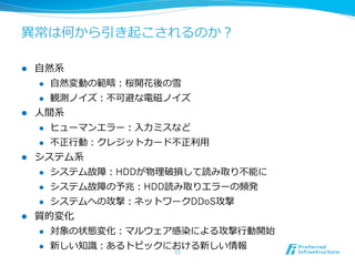 異異常は何から引き起こされるのか？

l  ⾃自然系
     l  ⾃自然変動の範疇：桜開花後の雪

     l  観測ノイズ：不不可避な電磁ノイズ

l  ⼈人間系
     l  ヒューマンエラー：⼊入⼒力力ミスなど

     l  不不正⾏行行動：クレジットカード不不正利利⽤用

l  システム系
     l  システム故障：HDDが物理理破損して読み取り不不能に

     l  システム故障の予兆：HDD読み取りエラーの頻発

     l  システムへの攻撃：ネットワークDDoS攻撃

l    質的変化
      l  対象の状態変化：マルウェア感染による攻撃⾏行行動開始

      l  新しい知識識：あるトピックにおける新しい情報
                       11	
 