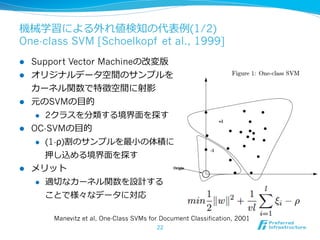 機械学習による外れ値検知の代表例例(1/2)
One-class SVM [Schoelkopf et al., 1999]
l    Support Vector Machineの改変版
l    オリジナルデータ空間のサンプルを
      カーネル関数で特徵空間に射影
l    元のSVMの⽬目的
       l  2クラスを分類する境界⾯面を探す

l    OC-SVMの⽬目的
       l  (1-ρ)割のサンプルを最⼩小の体積に

           押し込める境界⾯面を探す
l    メリット
       l  適切切なカーネル関数を設計する

        ことで様々なデータに対応

          Manevitz et al, One-Class SVMs for Document Classification, 2001
                                           22
 
