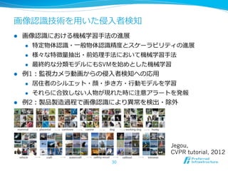 画像認識識技術を⽤用いた侵⼊入者検知
l    画像認識識における機械学習⼿手法の進展
      l    特定物体認識識・⼀一般物体認識識精度度とスケーラビリティの進展
      l    様々な特徴量量抽出・前処理理⼿手法において機械学習⼿手法
      l    最終的な分類モデルにもSVMを始めとした機械学習
l    例例1：監視カメラ動画からの侵⼊入者検知への応⽤用
       l  居住者のシルエット・顔・歩き⽅方・⾏行行動モデルを学習

       l  それらに合致しない⼈人物が現れた時に注意アラートを発報

l    例例2：製品製造過程で画像認識識により異異常を検出・除外




                                      Jegou,
                                      CVPR tutorial, 2012
                           30
 