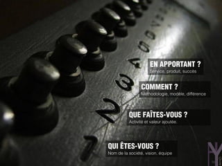 EN APPORTANT ?
                     Service, produit, succès


                 COMMENT ?
                 Méthodologie, modèle, différence




          QUE FAÎTES-VOUS ?
          Activité et valeur ajoutée.




QUI ÊTES-VOUS ?
Nom de la société, vision, équipe
                                                    10
 