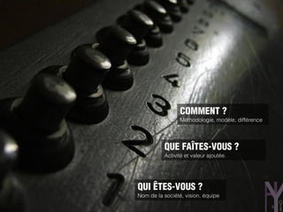 COMMENT ?
                 Méthodologie, modèle, différence




          QUE FAÎTES-VOUS ?
          Activité et valeur ajoutée.




QUI ÊTES-VOUS ?
Nom de la société, vision, équipe
                                                    9
 