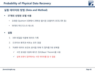 forensicinsight.org Page 45
Probability of Physical Data Recovery
 17개의 선정된 모델 사용
• 오래된 Quantum 1GB에서 2006년 출시된 모델까지 (SCSI, IDE 등)
• 56개의 하드디스크 테스트
 실험
1. 1KB 파일을 이용해 데이터 기록
2. 드라이브 왜곡과 비트는 모두 읽음
3. 76,800 데이터 포인트 분석을 위해 각 절차를 5번 반복함
 사전 분포를 이용해 베이즈 정리(Bayes’ Theorem)를 사용
 실제 포렌식 업무에서는 사전 데이터를 알 수 없음
실험 데이터와 방법 (Data and Method)
 