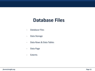 forensicinsight.org Page 11
Database Files
- Database Files
- Data Storage
- Data Rows & Data Tables
- Data Page
- Extents
 