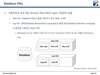 forensicinsight.org Page 12
Database Files
 기본적으로 모든 SQL Server는 Data File과 Log이 구성되어 있음
• Data File : Database Object 들을 저장하고 있는 파일 (*.mdf)
• Log File : DML(Database Manipulation Language)과 몇몇 DDL(Database Definition Language)
의 동작을 기록하는 파일 (*.ldf)
 Database의 로그는 이벤트 단위의 로그가 아닌 Transaction 단위의 로그로 기록됨 (Transaction
Log)
Database
Data Files
Log Files
File1.mdf File1.mdf File1.mdf
Log1.ldf Log2.ldf
SQL Server Forensic – Kevvie Fowler
 