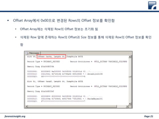 forensicinsight.org Page 21
 Offset Array에서 0x00으로 변경된 Rows의 Offset 정보를 확인함
• Offset Array에는 삭제된 Row의 Offset 정보는 초기화 됨
• 삭제된 Row 앞에 존재하는 Row의 Offset과 Size 정보를 통해 삭제된 Row의 Offset 정보를 확인
함
 