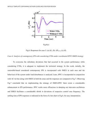 ARTICLE TEMPLATE CONTAINING AUTHOR GUIDELINES FOR PEER-REVIEW
0 3 6 9 12
-1.5
-1
-0.5
0
0.5
1
x 10
-3
Time (sec)

f
2
(Hz)
With CTDs
Without CTDs
Fig.6(c)
Fig.6. Responses for case-3. (a).∆f1, (b). ∆Ptie12, (c).∆f2
Case-4: Analysis of contemporary IPS with considering CTDs under coordinated IPFC-SMES strategy
To overcome the subsidiary deviations that had occurred in the system performance while
considering CTDs, it is adequate to implement the territorial strategy. In this work, initially, the
renewable-based considered contemporary IPS is incorporated with SMES in each area and the
behaviour of the system under load disturbances is analysed. Later, IPFC is incorporated in conjunction
with AC tie-line along with SMES in both the areas and the responses are compared in Fig.7. Observing
Fig.7 concluded that on implementing the strategy of SMES-IPFC there exists a considerable
enhancement in IPS performance. IPFC works more efficacious in damping out inter-area oscillations
and SMES facilitates a considerable shrink in deviations of respective control area frequency. The
settling time of IPS responses is indicated in the form of a bar chart in Fig.8, for easy interpretation.
 