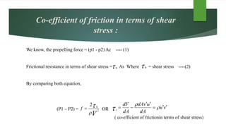Co-efficient of friction in terms of shear
stress :
We know, the propelling force = (p1 - p2) Ac ---- (1)
Frictional resistance in terms of shear stress = As Where = shear stress ----(2)
By comparing both equation,
(P1 – P2) = OR
( co-efficient of frictionin terms of shear stress)
0 0
V
f 2
0
2

 vu
dA
uvdA
dA
dF
t


 


 