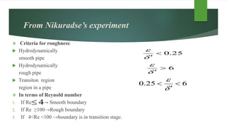 From Nikuradse’s experiment
 Criteria for roughness:
 Hydrodynamically
smooth pipe
 Hydrodynamically
rough pipe
 Transiton region
region in a pipe
 In terms of Reynold number
1. If Re → Smooth boundary
2. If Re ≥100→Rough boundary
3. If 4<Re <100 →boundary is in transition stage.
625.0 




25.0


6


4
 