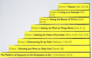 Choice 7-Heaven (Eph. 2:6-10)

                                                 Choice 6-Living as an Example (Phil.
                                                 3:17)
                                      Choice 5- Seeing the Beauty of Christ (Isaiah
                                      33:17)

                              Choice 4-Setting my Mind on Things Above (Col. 3:1-2)

                        Choice 3-Seeking the Habit of Surrender (Rom. 6:18; 2 Cor. 2:14)

                 Choice 2-Overcoming Sin by Faith (Hebrews 11:25-27)

        Choice 1-Deciding you Want to Obey God (Daniel 1:8)

The Platform of Exposure to the Temptation to Sin (1 Corinthians 10:13)
 