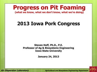 Progress on Pit Foaming
            (what we know, what we don’t know, what we’re doing)




              2013 Iowa Pork Congress



                             Steven Hoff, Ph.D., P.E.
                    Professor of Ag & Biosystems Engineering
                              Iowa State University

                               January 24, 2013




Air Dispersion Laboratory            Agricultural and Biosystems Engineering Department
 