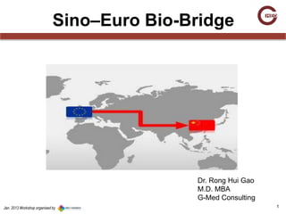 Sino–Euro Bio-Bridge




                                            Dr. Rong Hui Gao
                                            M.D. MBA
                                            G-Med Consulting
Jan. 2013 Workshop organised by                                1
 