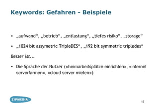 Keywords: Gefahren - Beispiele



• „aufwand“, „betrieb“, „entlastung“, „tiefes risiko“, „storage“

• „1024 bit assymetric TripleDES“, „192 bit symmetric tripledes“

Besser ist...

• Die Sprache der Nutzer («heimarbeitsplätze einrichten», «internet
  serverfarmen», «cloud server mieten»)




                                                                17
 
