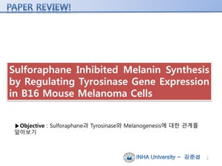 Sulforaphane Inhibited Melanin Synthesis
by Regulating Tyrosinase Gene Expression
in B16 Mouse Melanoma Cells
1
▶Objective : Sulforaphane과 Tyrosinase와 Melanogenesis에 대한 관계를
알아보기
 