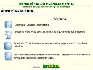 MINISTÉRIO DO PLANEJAMENTO
              Secretaria de Logística e Tecnologia da Informação

ÁREA FINANCEIRA

                                              Módulos
      Orçamento: Controle Orçamentário.


      Empenho: Controle da emissão, liquidação e pagamento dos empenhos.




      Tesouraria: Controle do recebimento de receita, pagamento de empenhos e
       boletins.


      Contabilidade: Controle do fechamento contábil, processamento de boletins e
      emissão de balancetes e relatórios legais.
 